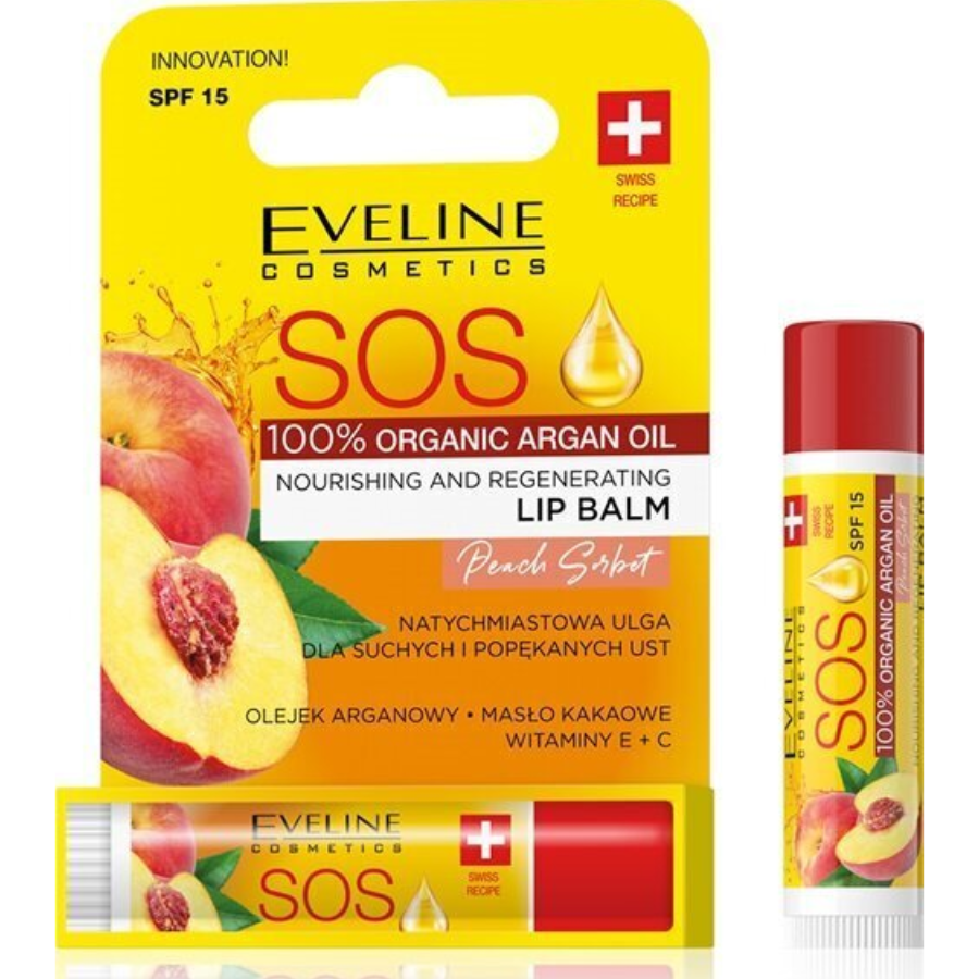 Balzam za usne SOS NOURISHING AND REGENERATING LIP BALM  Peach SPF15 1 Piece Eveline