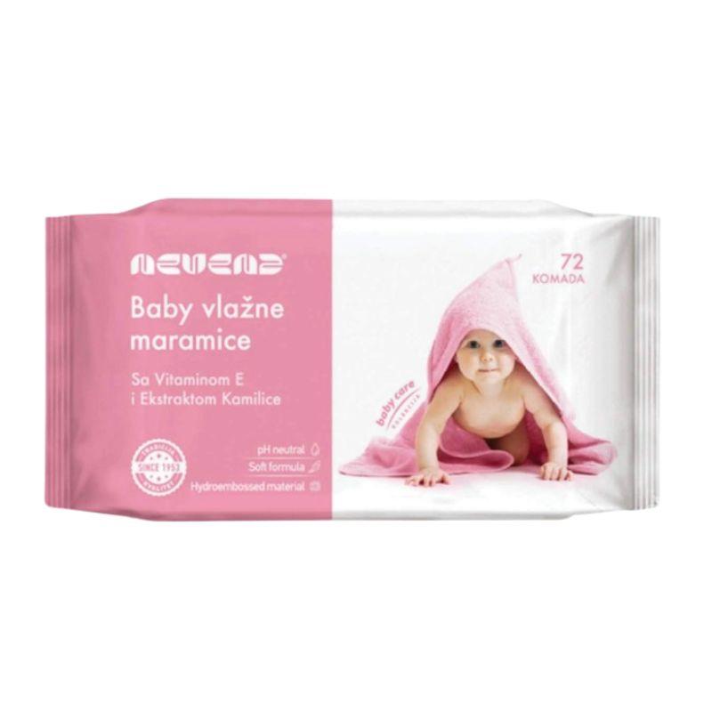 Nevena vlažne maramice za bebe sa vitaminom E i ekstraktom kamilice – Roze (72 kom)