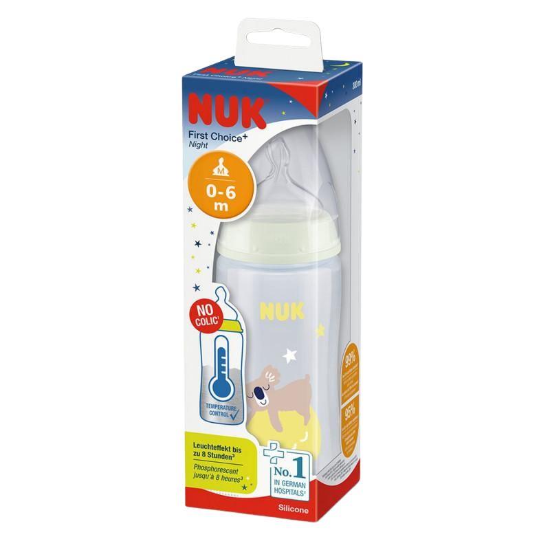 NUK First Choice+ Night plastična flašica sa svetlećim efektom i indikatorom temperature, 300 ml, M (0-6 meseci)