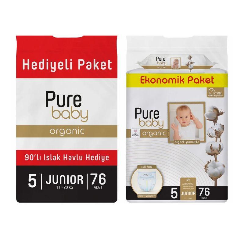 Pure Baby Organic Cotton pelene za bebe – Veličina 5 (11–20 kg), 76 komada + vlažne maramice 90 komada (poklon)