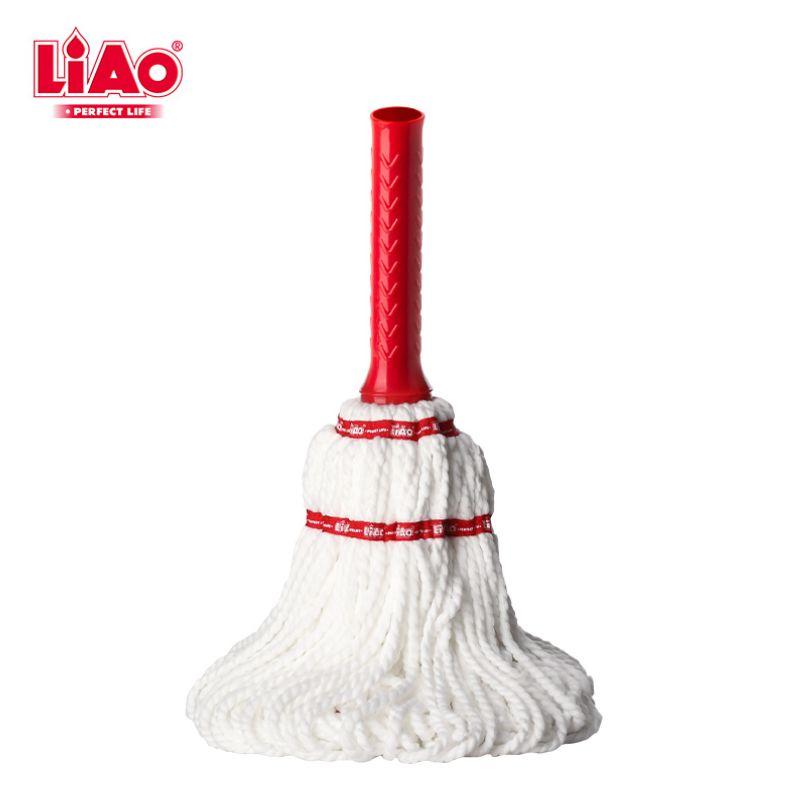 LIAO mop za pod sa raširenom okruglom mikrofiber glavom prikazanom pored skupljene glave